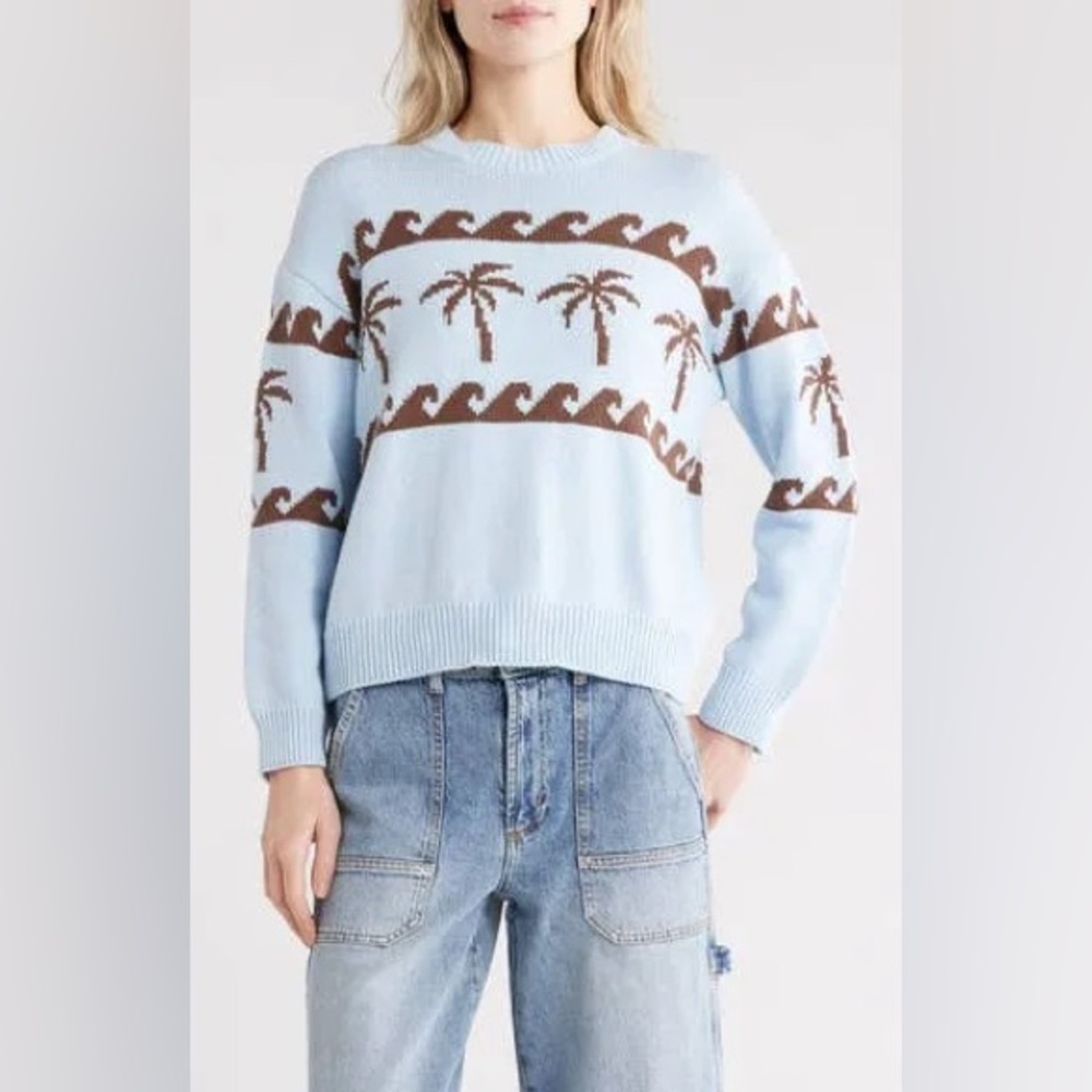 Rails Light Blue Palm Tree & Wave Crewneck Sweater
